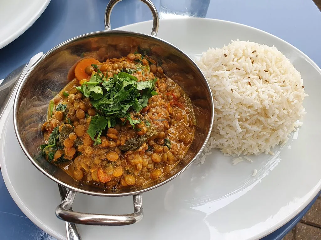 Caribbean-style lentil curry served with fragrant rice